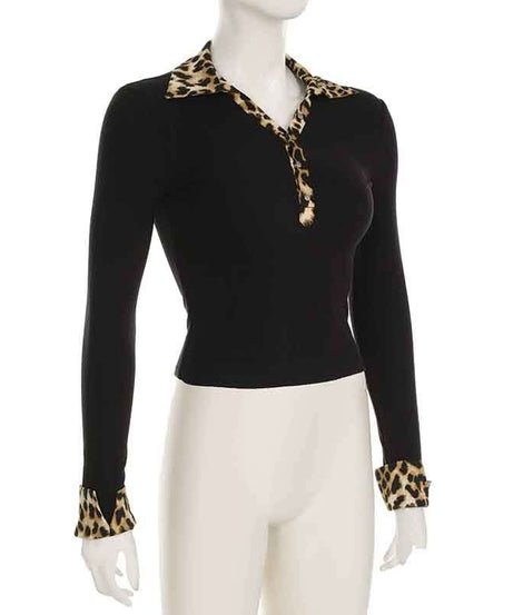 Fall's Fierce Flair: Chic Leopard Trim Long Sleeve Polo Top for Women