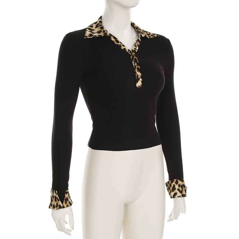 Fall's Fierce Flair: Chic Leopard Trim Long Sleeve Polo Top for Women