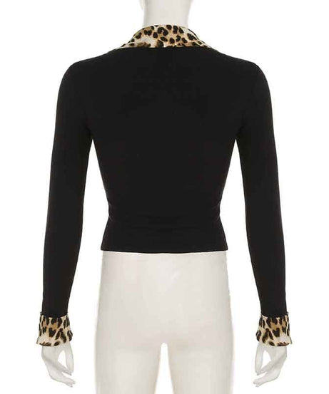 Fall's Fierce Flair: Chic Leopard Trim Long Sleeve Polo Top for Women