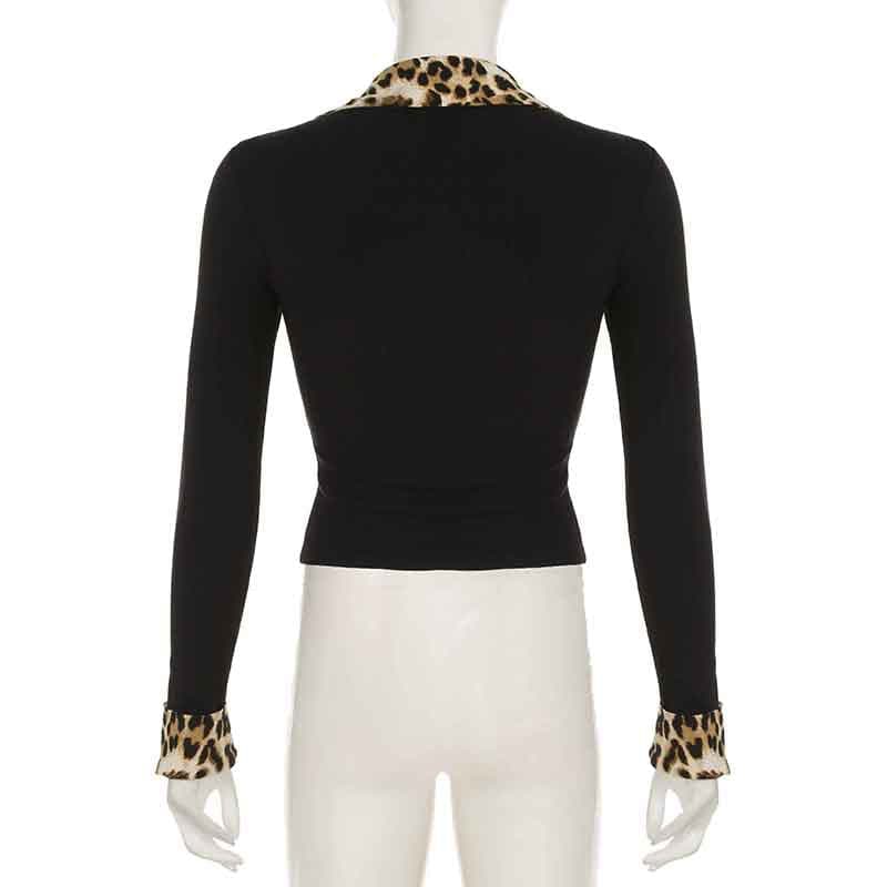 Fall's Fierce Flair: Chic Leopard Trim Long Sleeve Polo Top for Women