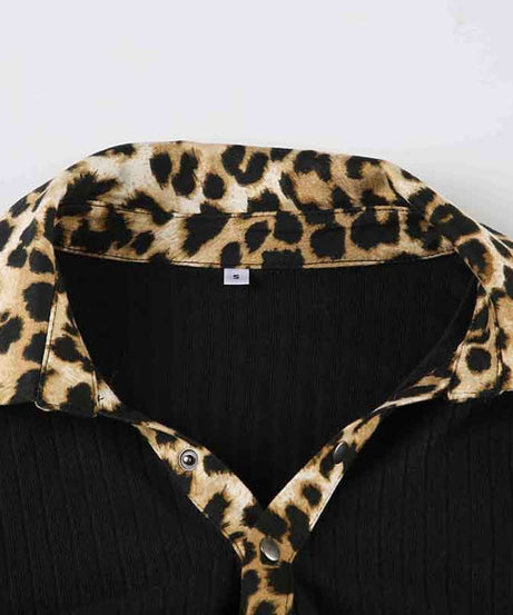 Fall's Fierce Flair: Chic Leopard Trim Long Sleeve Polo Top for Women