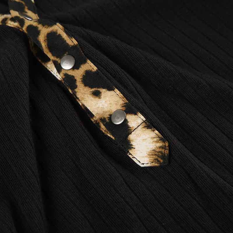 Fall's Fierce Flair: Chic Leopard Trim Long Sleeve Polo Top for Women