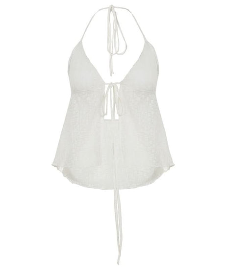 Chic White Halter Tie-Front Blouse | Textured Backless Top for Effortless Fall Getaways & Layering