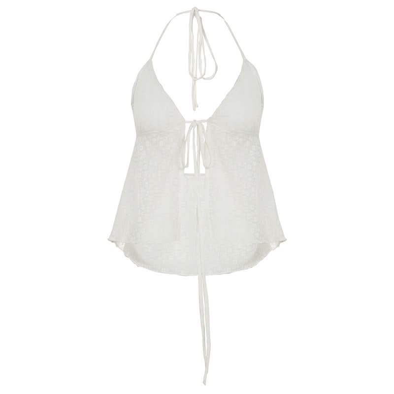 Chic White Halter Tie-Front Blouse | Textured Backless Top for Effortless Fall Getaways & Layering