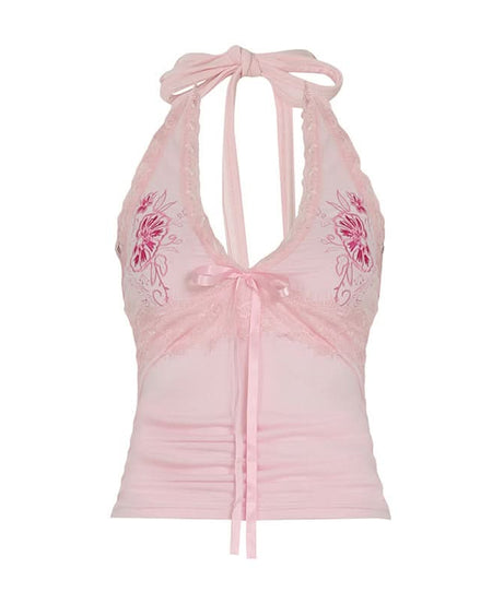 Romantic Pink Floral Halter Top | Lace Trim & Ruched Front | Fall Date Night Style