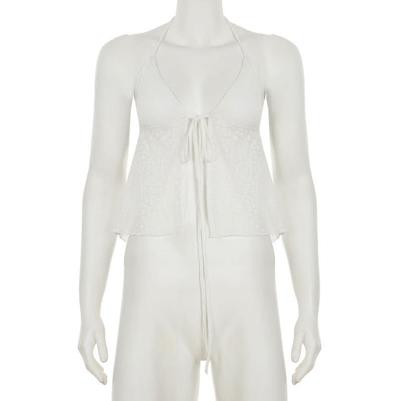 Chic White Halter Tie-Front Blouse | Textured Backless Top for Effortless Fall Getaways & Layering