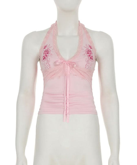 Romantic Pink Floral Halter Top | Lace Trim & Ruched Front | Fall Date Night Style