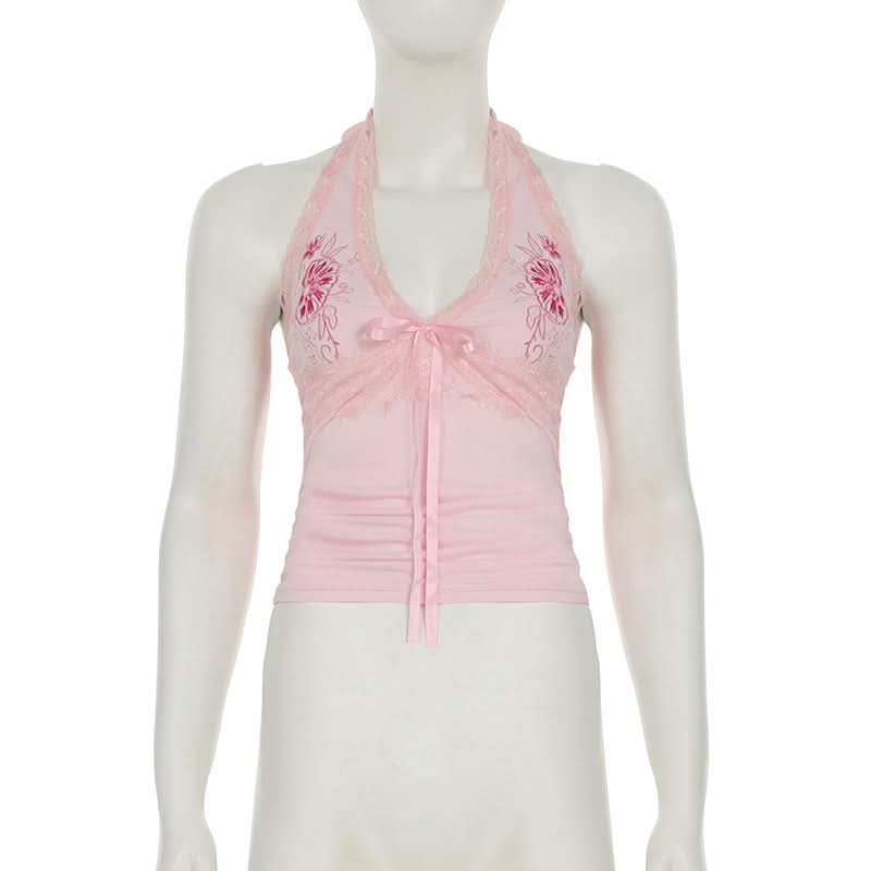 Romantic Pink Floral Halter Top | Lace Trim & Ruched Front | Fall Date Night Style