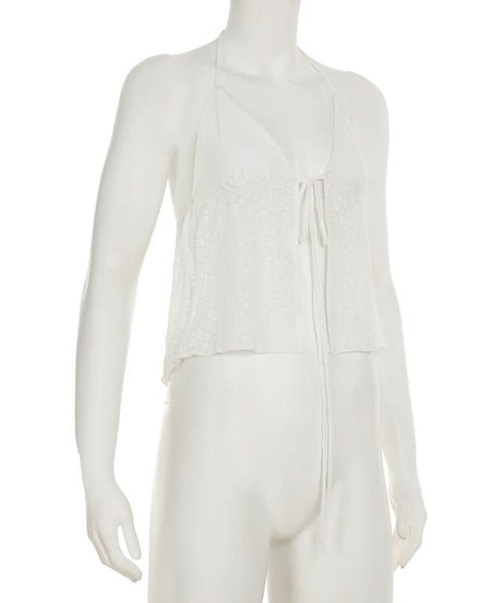 Chic White Halter Tie-Front Blouse | Textured Backless Top for Effortless Fall Getaways & Layering