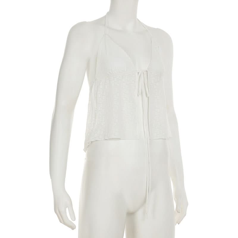 Chic White Halter Tie-Front Blouse | Textured Backless Top for Effortless Fall Getaways & Layering