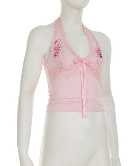 Romantic Pink Floral Halter Top | Lace Trim & Ruched Front | Fall Date Night Style