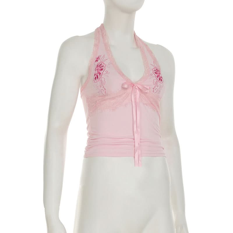 Romantic Pink Floral Halter Top | Lace Trim & Ruched Front | Fall Date Night Style