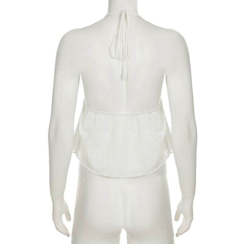 Chic White Halter Tie-Front Blouse | Textured Backless Top for Effortless Fall Getaways & Layering