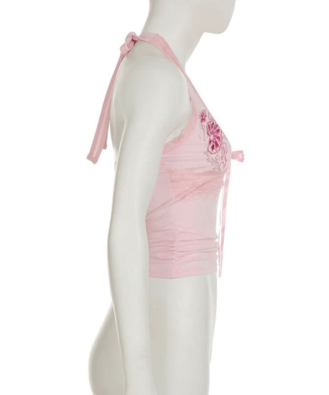 Romantic Pink Floral Halter Top | Lace Trim & Ruched Front | Fall Date Night Style