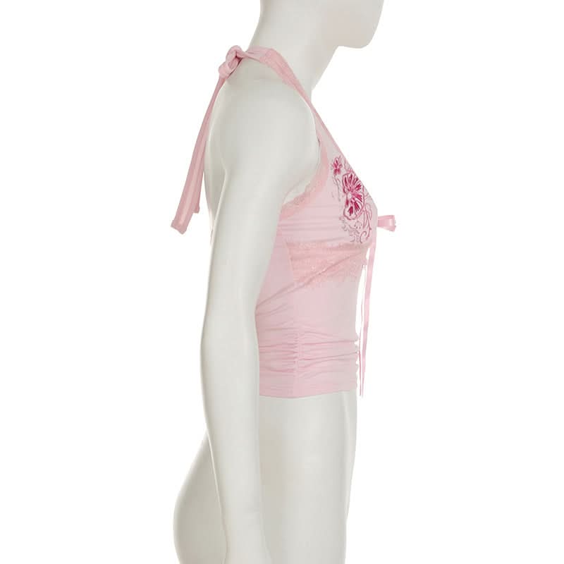 Romantic Pink Floral Halter Top | Lace Trim & Ruched Front | Fall Date Night Style