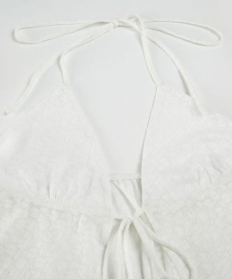 Chic White Halter Tie-Front Blouse | Textured Backless Top for Effortless Fall Getaways & Layering