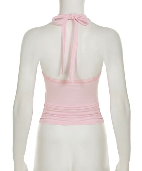 Romantic Pink Floral Halter Top | Lace Trim & Ruched Front | Fall Date Night Style