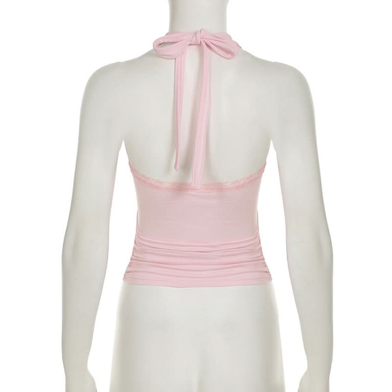 Romantic Pink Floral Halter Top | Lace Trim & Ruched Front | Fall Date Night Style