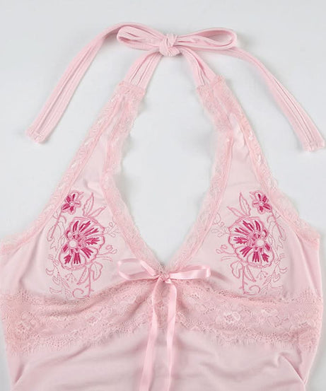 Romantic Pink Floral Halter Top | Lace Trim & Ruched Front | Fall Date Night Style