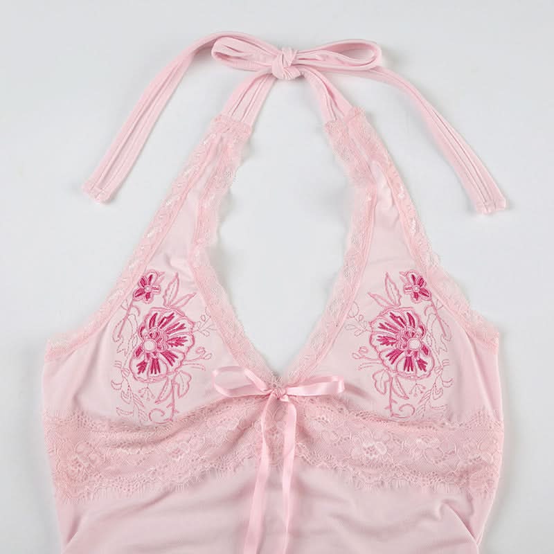 Romantic Pink Floral Halter Top | Lace Trim & Ruched Front | Fall Date Night Style