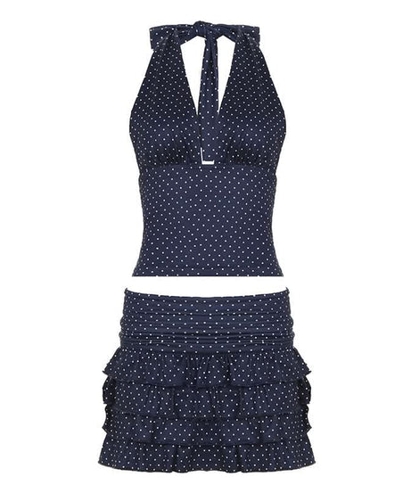 Flirty Fall: Y2K Polka Dot Halter Crop Top & Ruffle Mini Skirt Set