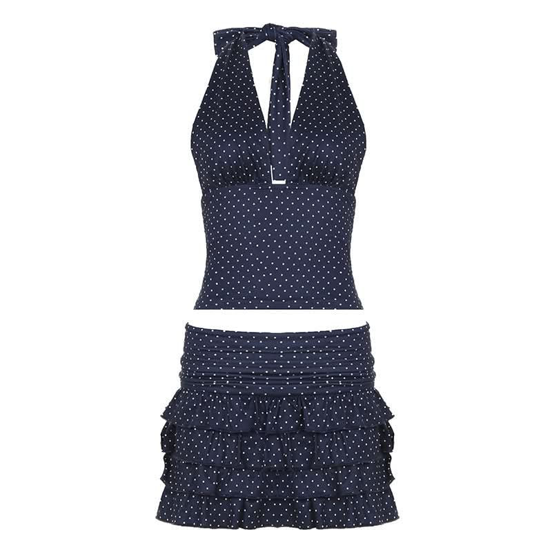 Flirty Fall: Y2K Polka Dot Halter Crop Top & Ruffle Mini Skirt Set