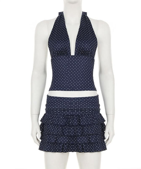 Flirty Fall: Y2K Polka Dot Halter Crop Top & Ruffle Mini Skirt Set