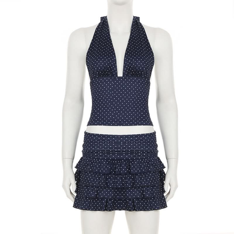 Flirty Fall: Y2K Polka Dot Halter Crop Top & Ruffle Mini Skirt Set