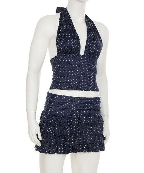 Flirty Fall: Y2K Polka Dot Halter Crop Top & Ruffle Mini Skirt Set