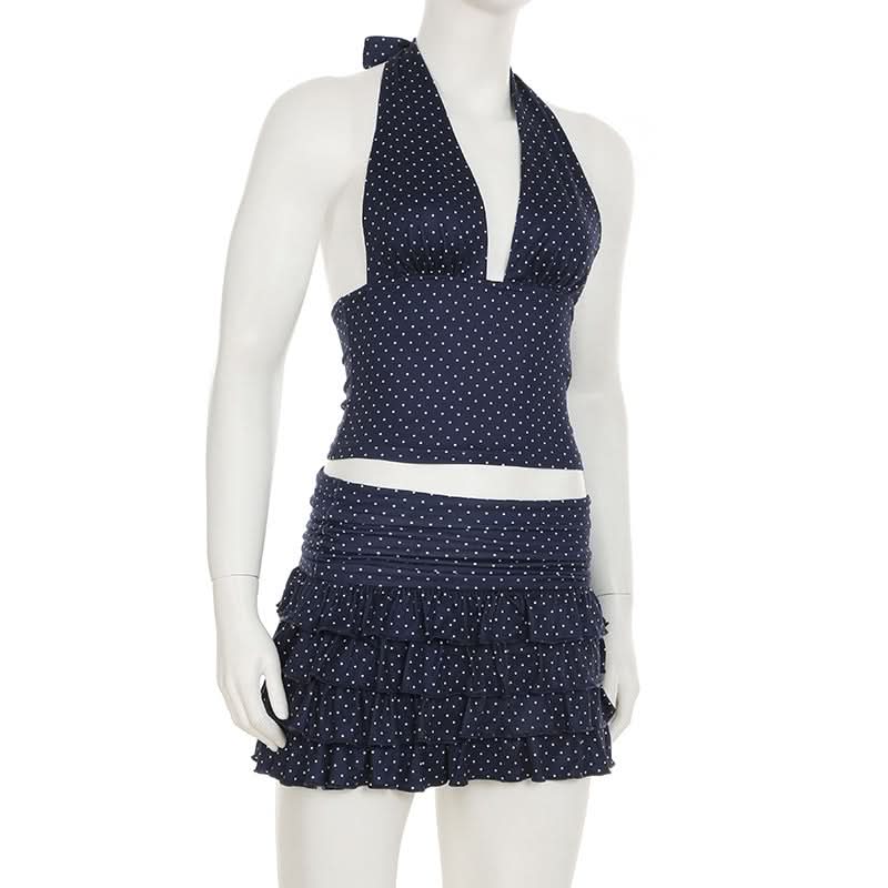 Flirty Fall: Y2K Polka Dot Halter Crop Top & Ruffle Mini Skirt Set