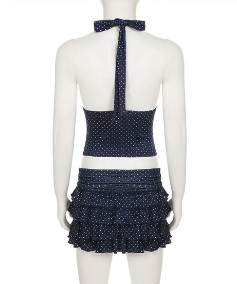 Flirty Fall: Y2K Polka Dot Halter Crop Top & Ruffle Mini Skirt Set