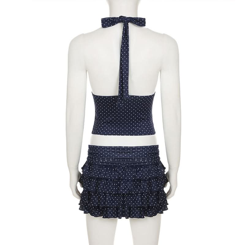 Flirty Fall: Y2K Polka Dot Halter Crop Top & Ruffle Mini Skirt Set