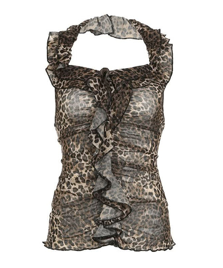 Sassy Leopard Print Halter Ruffle Top - Sheer Mesh for Fall Nights & Holiday Parties