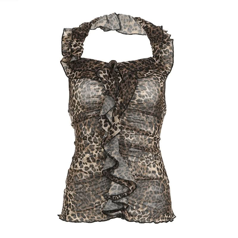 Sassy Leopard Print Halter Ruffle Top - Sheer Mesh for Fall Nights & Holiday Parties