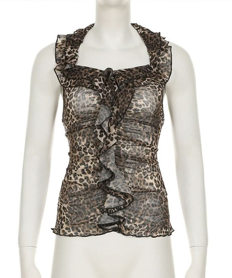 Sassy Leopard Print Halter Ruffle Top - Sheer Mesh for Fall Nights & Holiday Parties