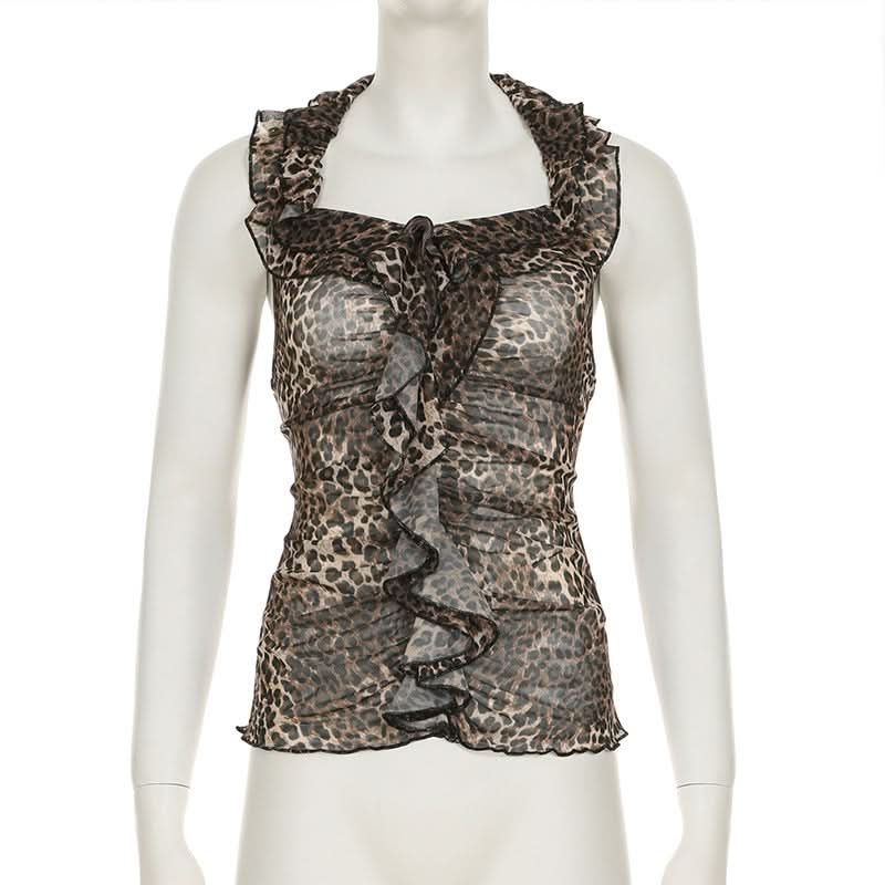 Sassy Leopard Print Halter Ruffle Top - Sheer Mesh for Fall Nights & Holiday Parties