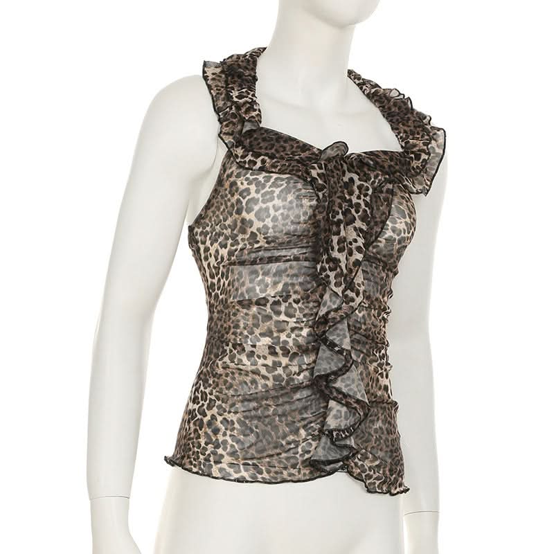 Sassy Leopard Print Halter Ruffle Top - Sheer Mesh for Fall Nights & Holiday Parties