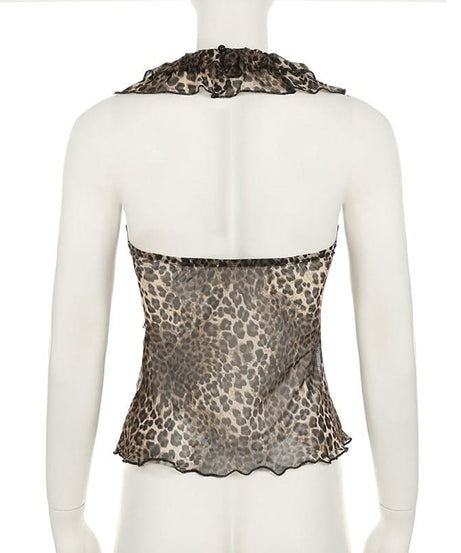 Sassy Leopard Print Halter Ruffle Top - Sheer Mesh for Fall Nights & Holiday Parties
