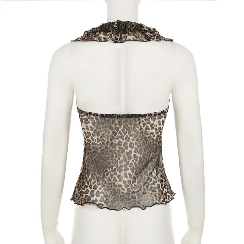 Sassy Leopard Print Halter Ruffle Top - Sheer Mesh for Fall Nights & Holiday Parties