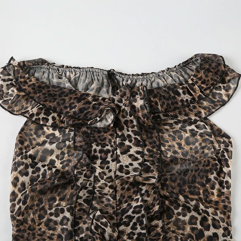 Sassy Leopard Print Halter Ruffle Top - Sheer Mesh for Fall Nights & Holiday Parties