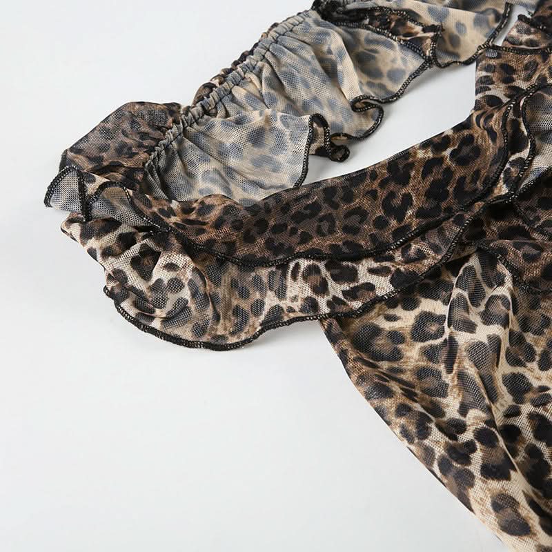 Sassy Leopard Print Halter Ruffle Top - Sheer Mesh for Fall Nights & Holiday Parties