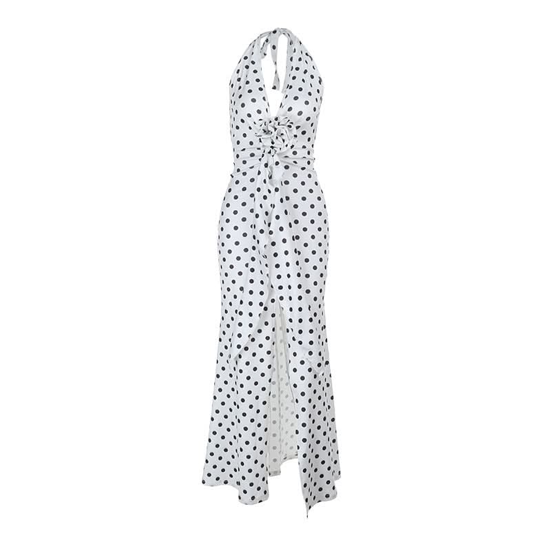 Effortless Chic: Polka Dot Halter Maxi Dress with Slit - Perfect for Fall Events & Resort Getaways