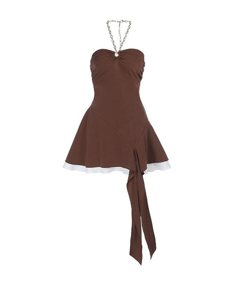 Fall Nights Out: Chic Mocha Chain Halter Asymmetric Ruffle Mini Dress