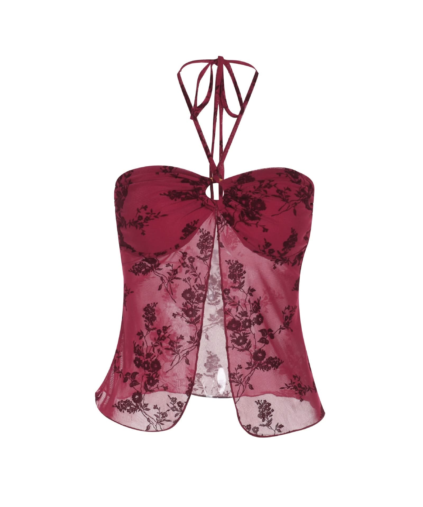 Autumnal Allure: Deep Red Velvet Floral Mesh Halter Top with O-Ring