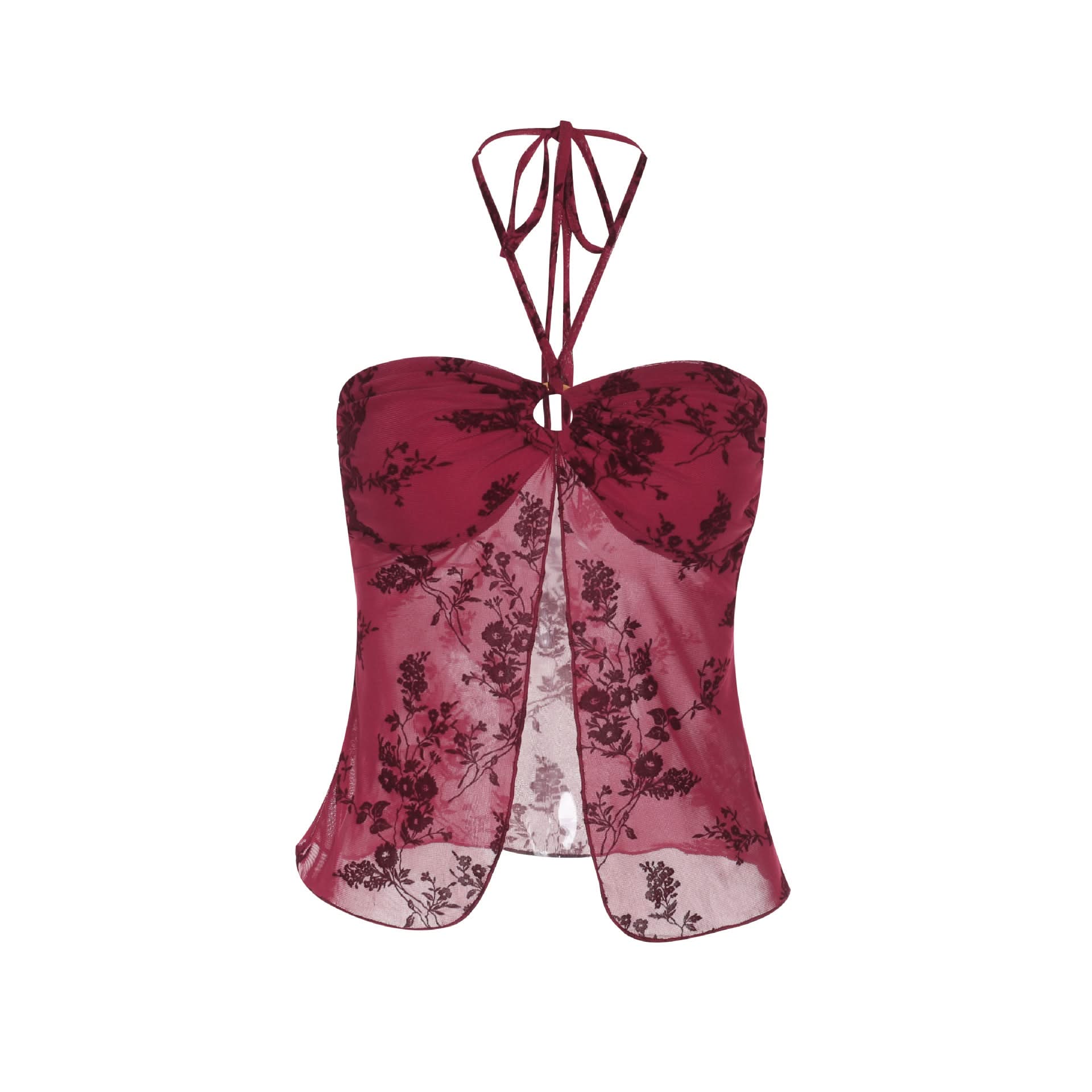 Autumnal Allure: Deep Red Velvet Floral Mesh Halter Top with O-Ring