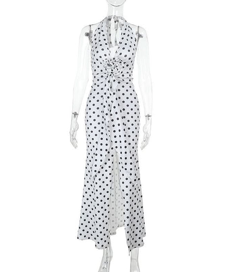 Effortless Chic: Polka Dot Halter Maxi Dress with Slit - Perfect for Fall Events & Resort Getaways