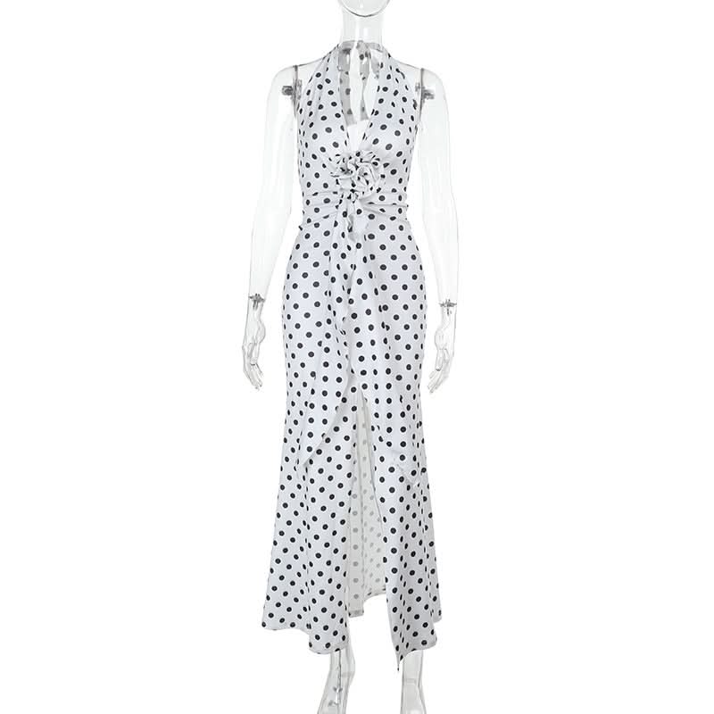 Effortless Chic: Polka Dot Halter Maxi Dress with Slit - Perfect for Fall Events & Resort Getaways