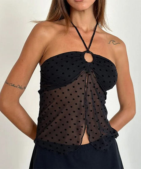 Autumnal Allure: Deep Red Velvet Floral Mesh Halter Top with O-Ring