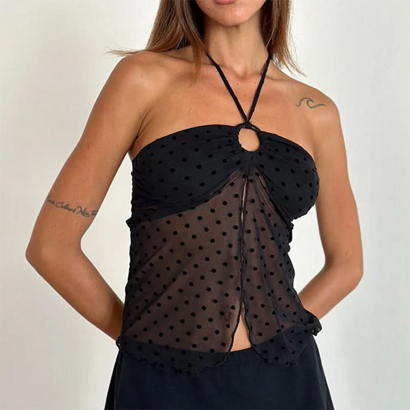 Autumnal Allure: Deep Red Velvet Floral Mesh Halter Top with O-Ring