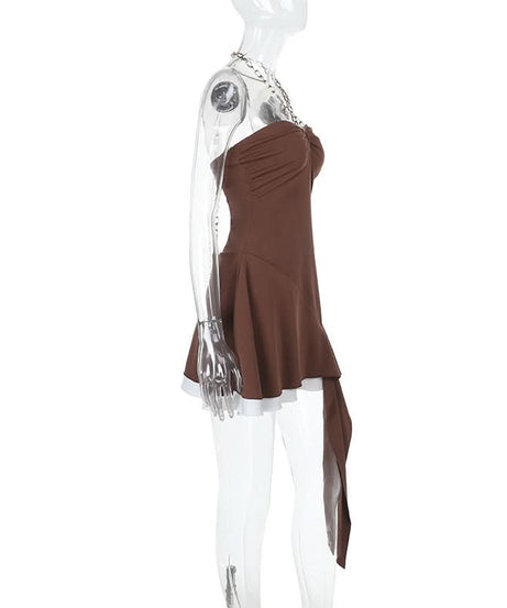 Fall Nights Out: Chic Mocha Chain Halter Asymmetric Ruffle Mini Dress